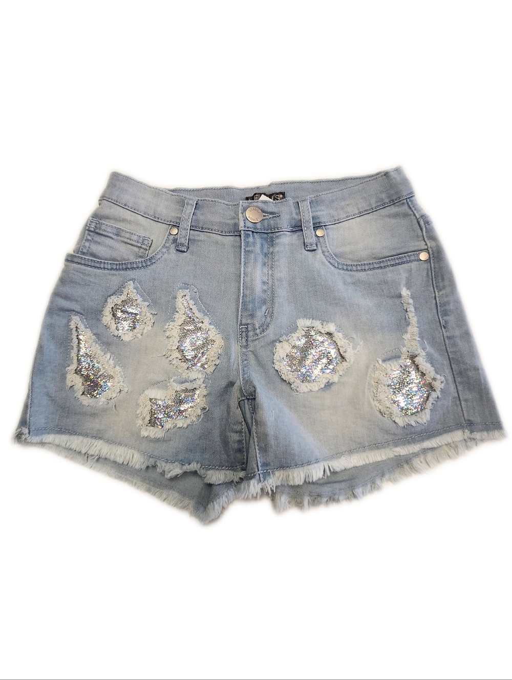 VENUS (Fame) Light Blue Wash 3" Denim Shorts, Distressed W Sequin Patches, 2